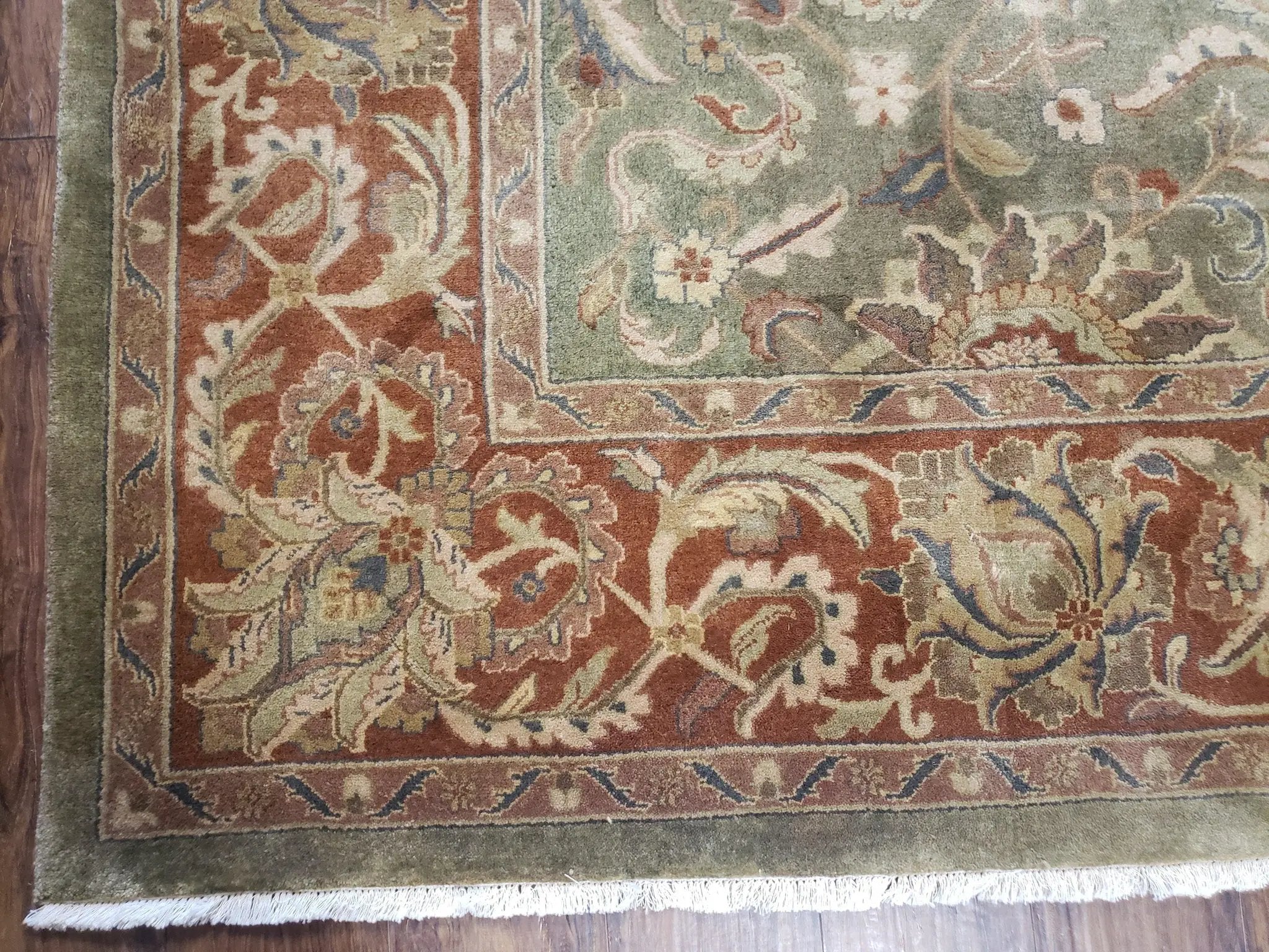 Green Indo Mahal Area Rug 9x12, Wool Hand-Knotted Carpet by Jewel Rugs
