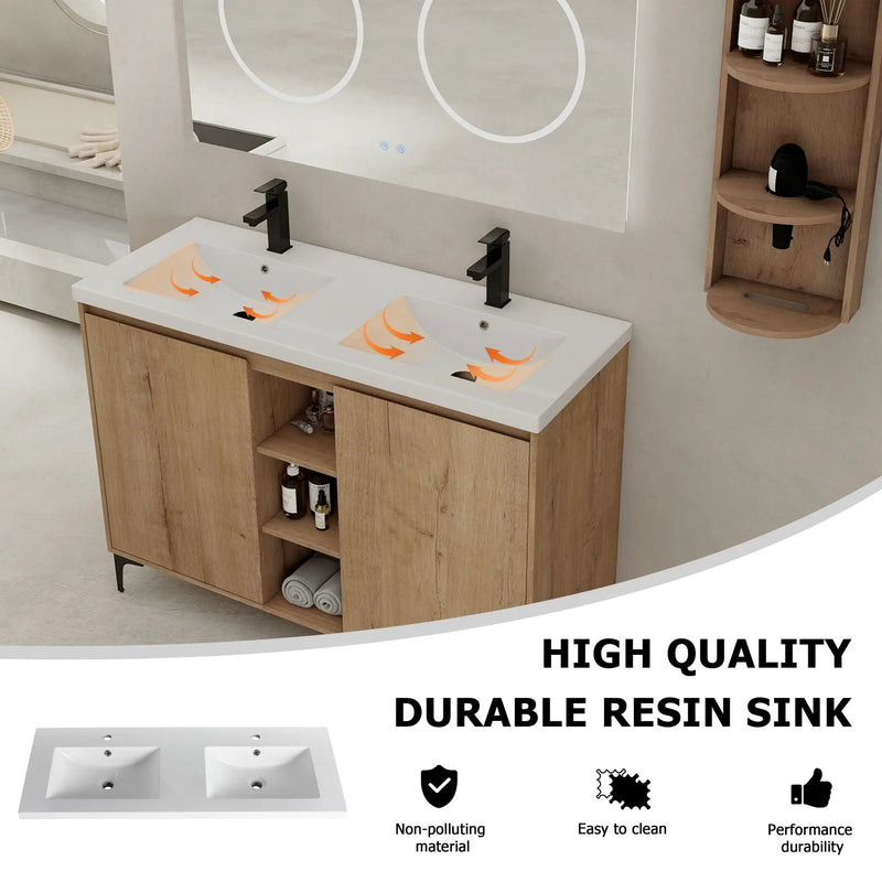 Elegant 48" Freestanding Bathroom Vanity With Double Resin Sink And Storage Rack Soft Close Doors - Imitative Oak by HouseOfZazla
