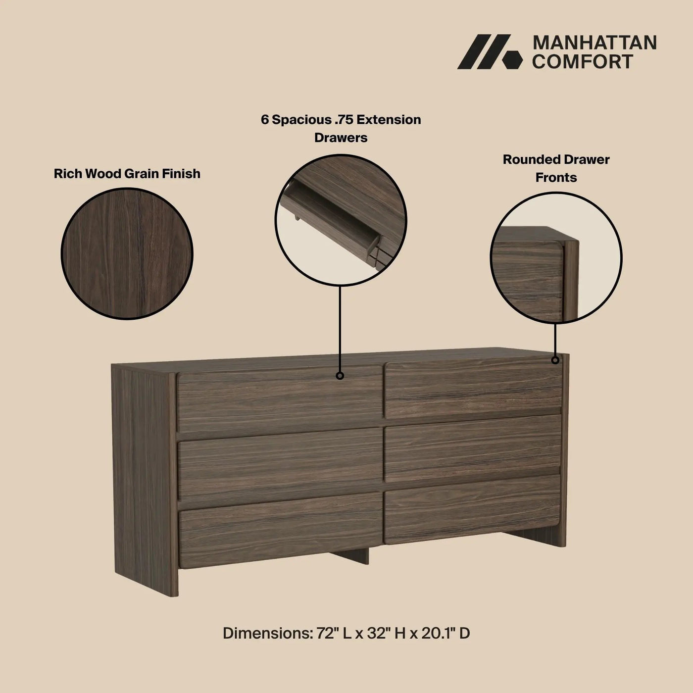 Linda - Double Wide Dresser With 6 Drawers by HouseOfZazla