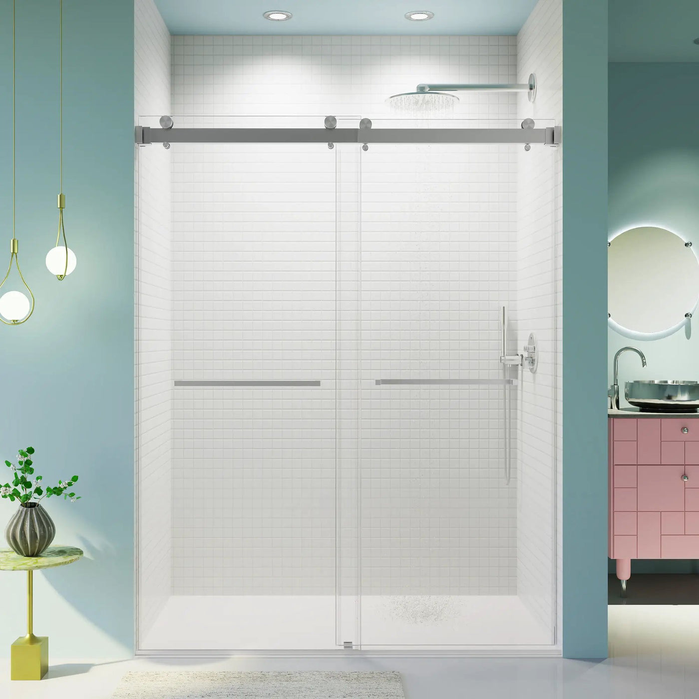 Frameless Double Sliding Shower Door In, Thick Tempered Glass, Reversible Installation by HouseOfZazla