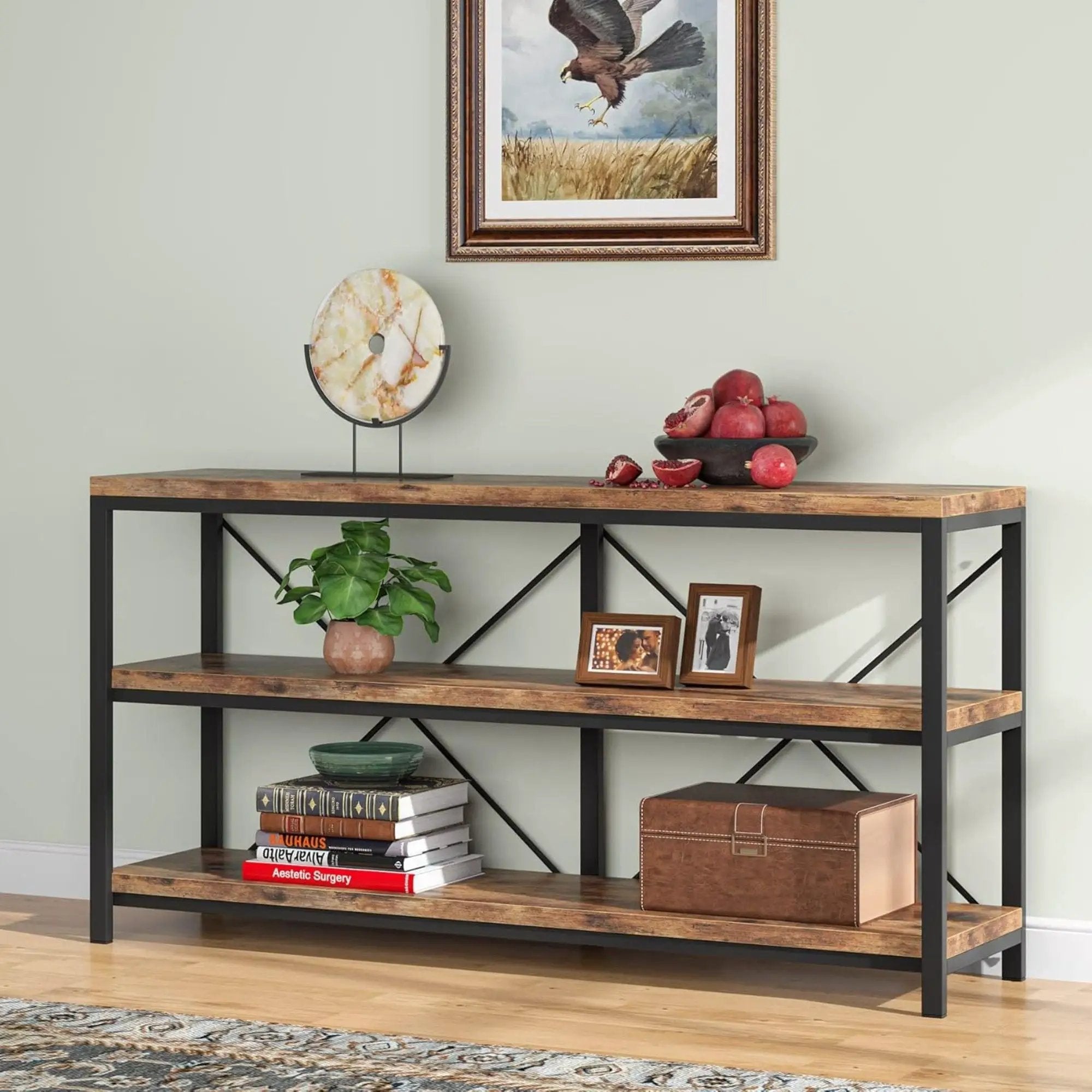 Console Table With 3 Tier Storage Shelves Finish, Slim Narrow Design For Living Entryway - Brown / Black by HouseOfZazla