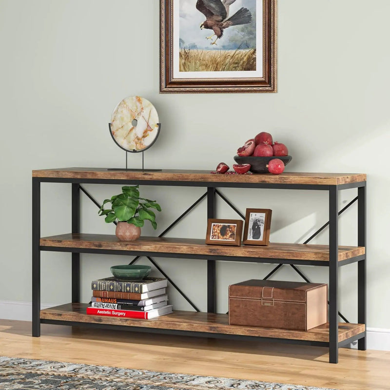 Console Table With 3 Tier Storage Shelves Finish, Slim Narrow Design For Living Entryway - Brown / Black by HouseOfZazla