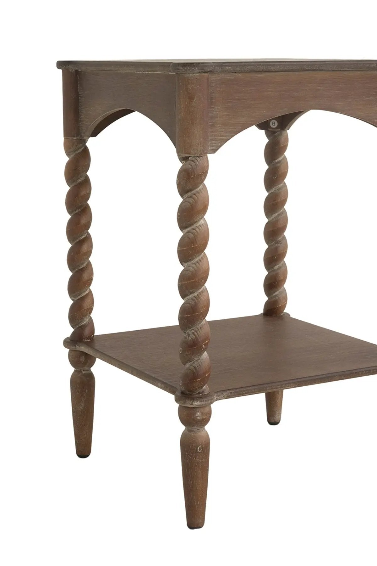 15.5x15.5x23.5' Distressed Brown Wood Side Table with Turned Spiral Legs and Lower Shelf by HouseOfZazla
