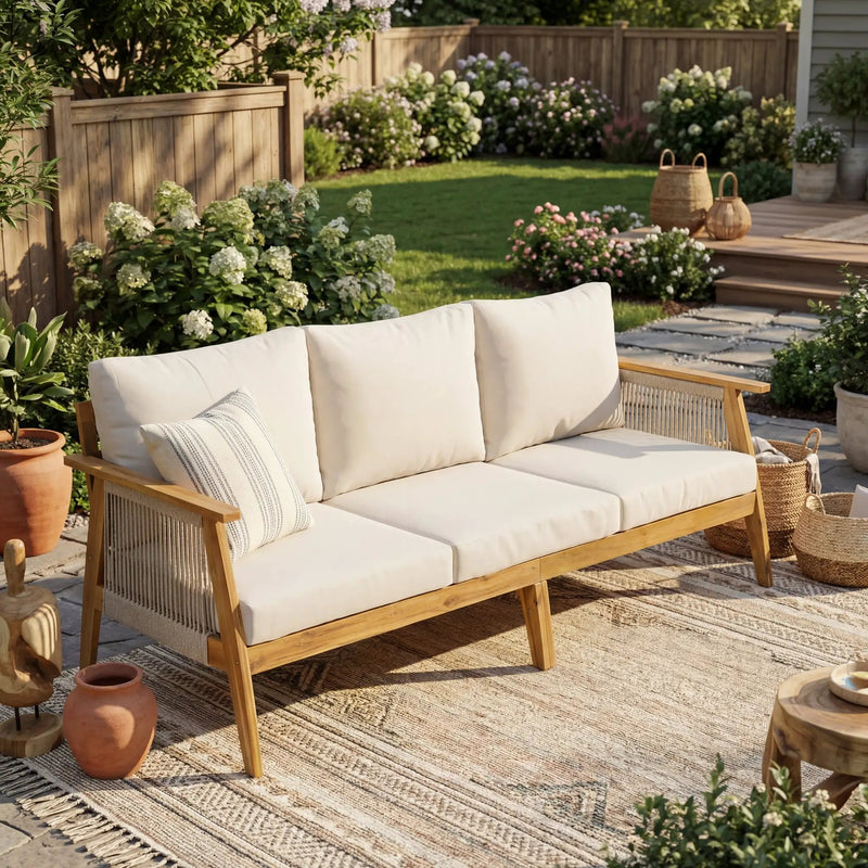 Outdoor Acacia Wood and Rope 3 Seater Patio Sofa by HouseOfZazla