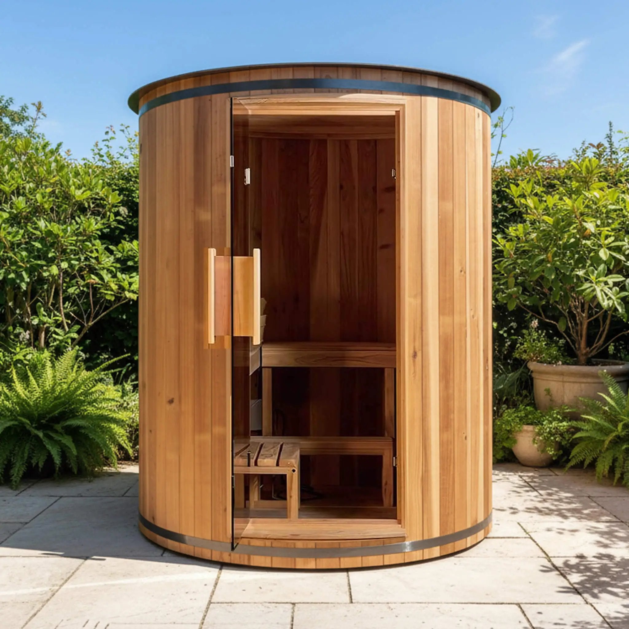 Thermora Barcelona Premium 78-Inch 4-Person Cedar Wood Outdoor Vertical Barrel Sauna With 6KW Heater, LED Lights And Stones (SAK74813) by SAKSBY WHOLESALE
