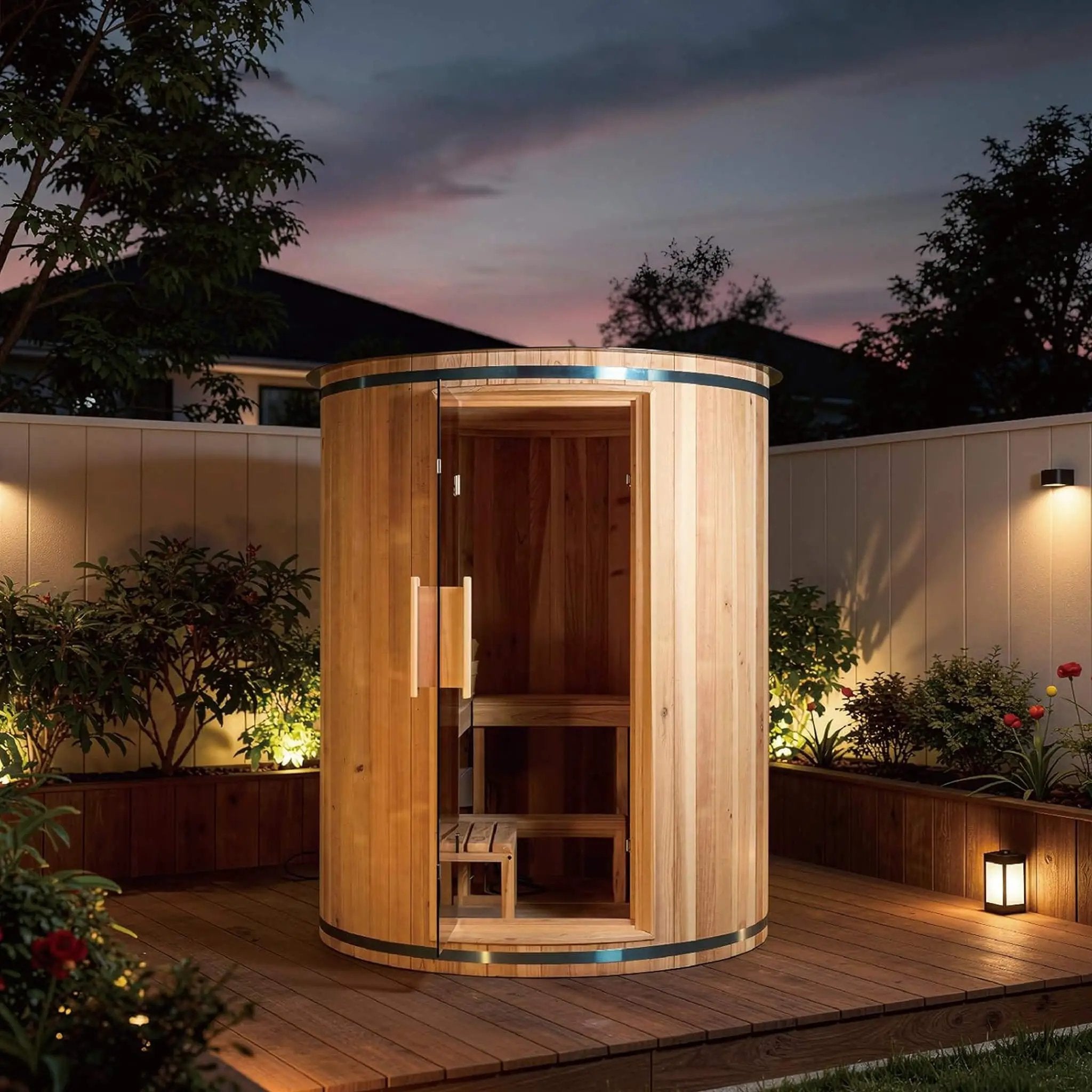 Thermora Barcelona Premium 78-Inch 4-Person Cedar Wood Outdoor Vertical Barrel Sauna With 6KW Heater, LED Lights And Stones (SAK74813) by SAKSBY WHOLESALE