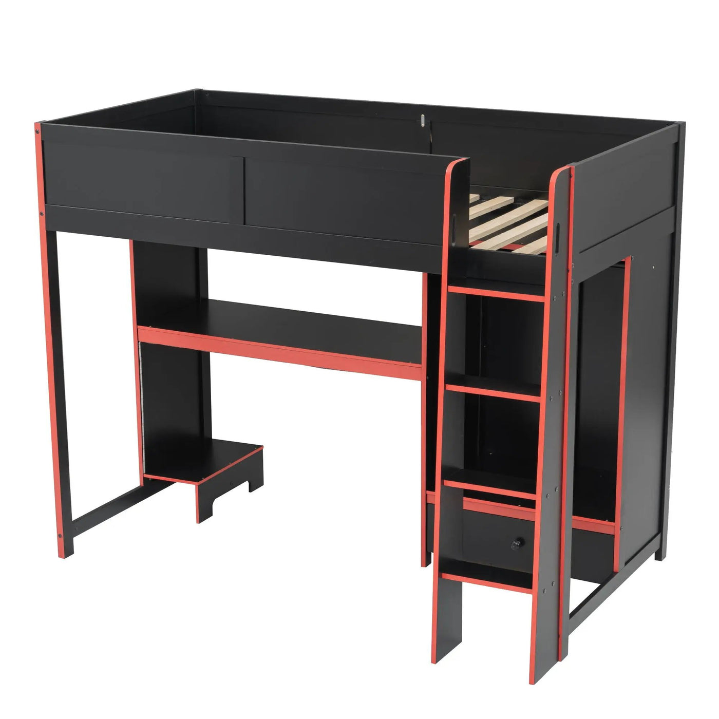 Gaming Loft Bed With Built In Desk, Wardrobe, LED Lighting And Drawer by HouseOfZazla