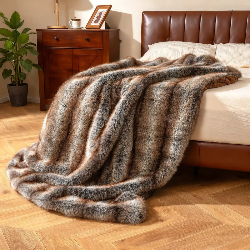 780GSM Soft Plush Fuzzy Luxury Faux Fox Fur Blanket for Sofa-Brown by DirectDeals