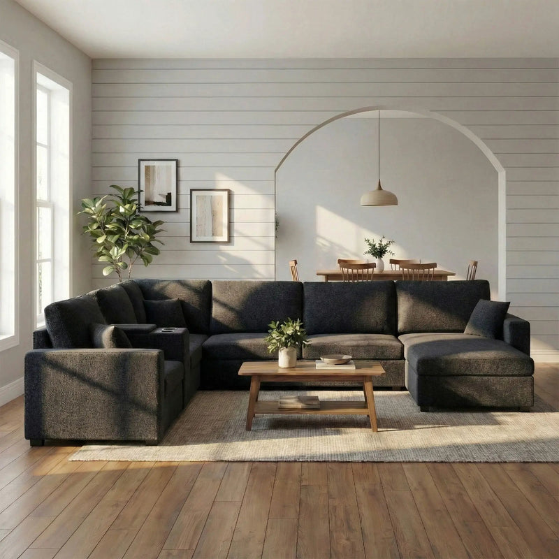 Modular 5 Seat U-Shape Sectional Sofa With Chaise Lounge, Built In Cup Holders And Storage Drawer by HouseOfZazla