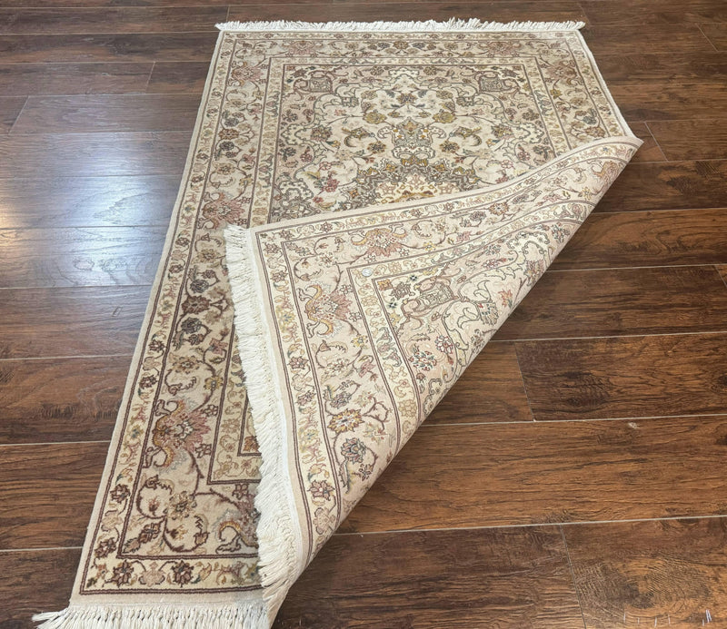 Pak Persian Rug 4x6, Floral Medallion, Beige, Wool and Silk Highlights, Vintage Handmade Rug by Jewel Rugs