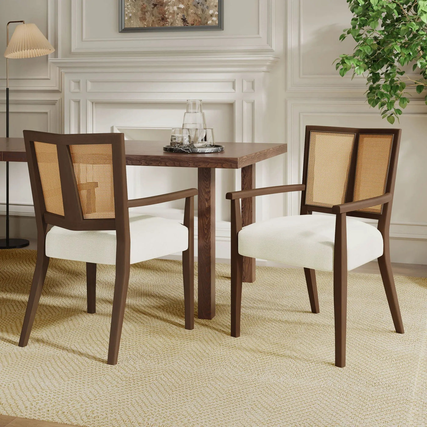 Mid Century Modern Arm Dining Chairs With Rattan Backrest by HouseOfZazla