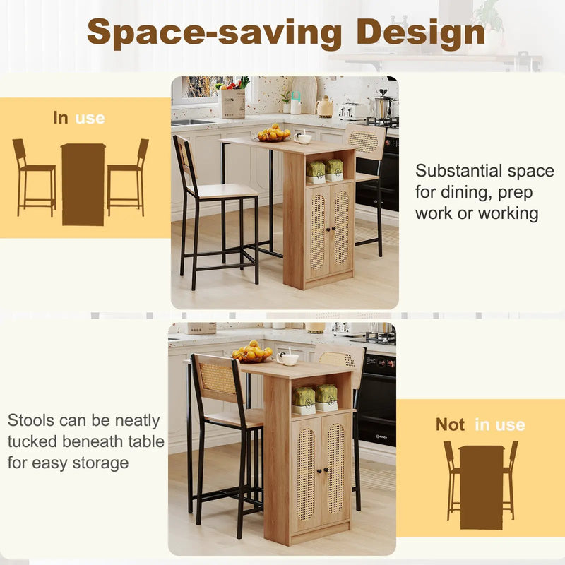 3-Piece Bar Table and Chairs Set with Storage Shelves and Footrests-Natural by DirectDeals