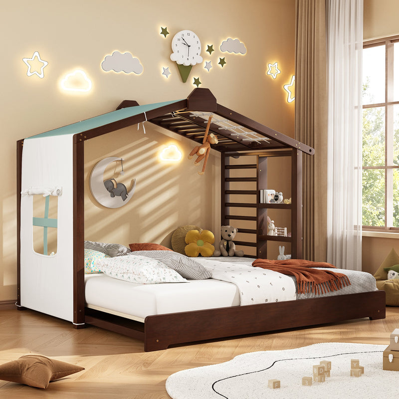 Twin Size House Bed with Trundle and Side Shelves - Pine & Plywood, White/Gray/Natural/Espresso