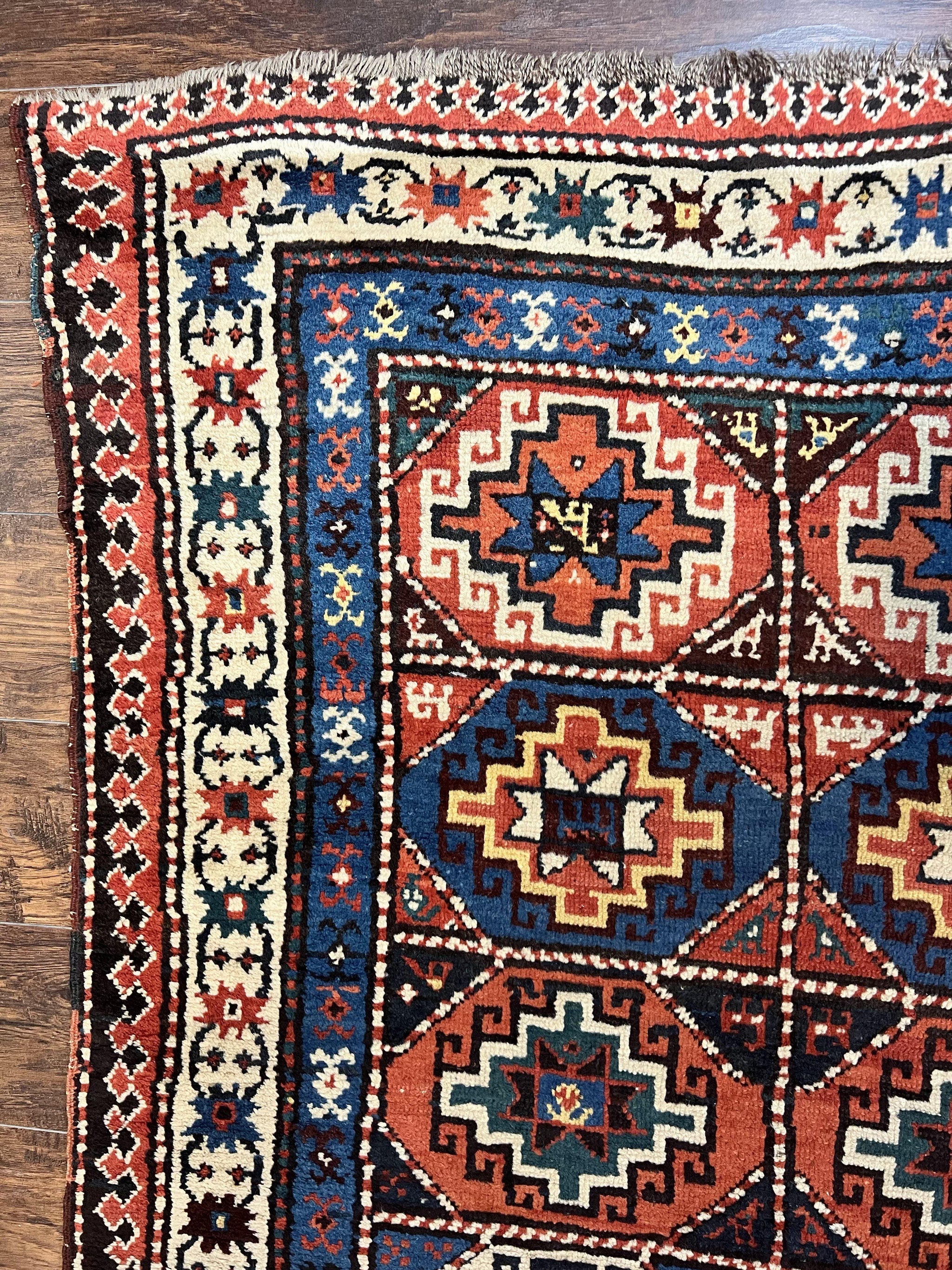 Antique Caucasian Kazak Runner Rug 4 x 9.5, Handmade Wool Rug for Hallway, Rare Colorful Panel Design Mid 19th Century 1870s Oriental Carpet by Jewel Rugs