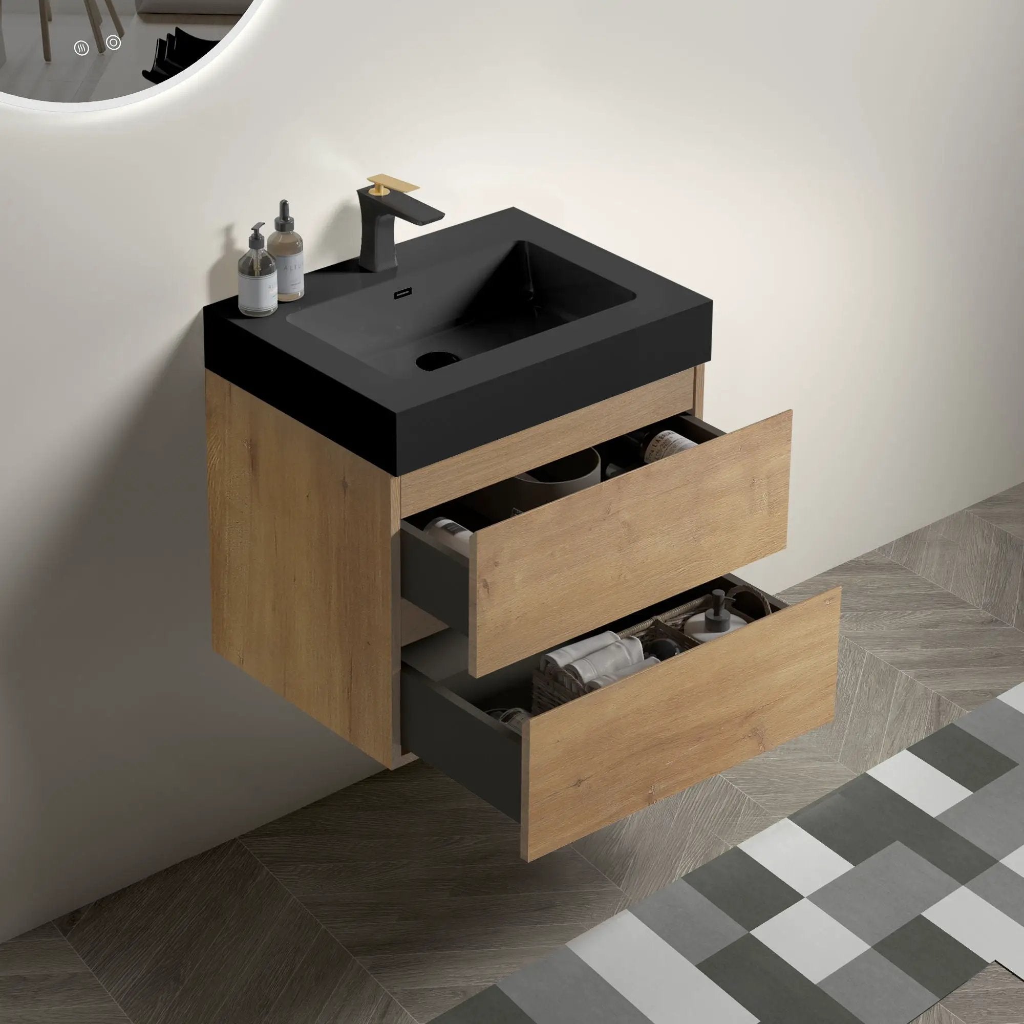 Alice - Natural Oak Bathroom Vanity With Sink, Large Storage Wall Mounted Floating Bathroom Vanity For Modern Bathroom, One-Piece Sink Basin Without Drain by Unique Piece Furniture