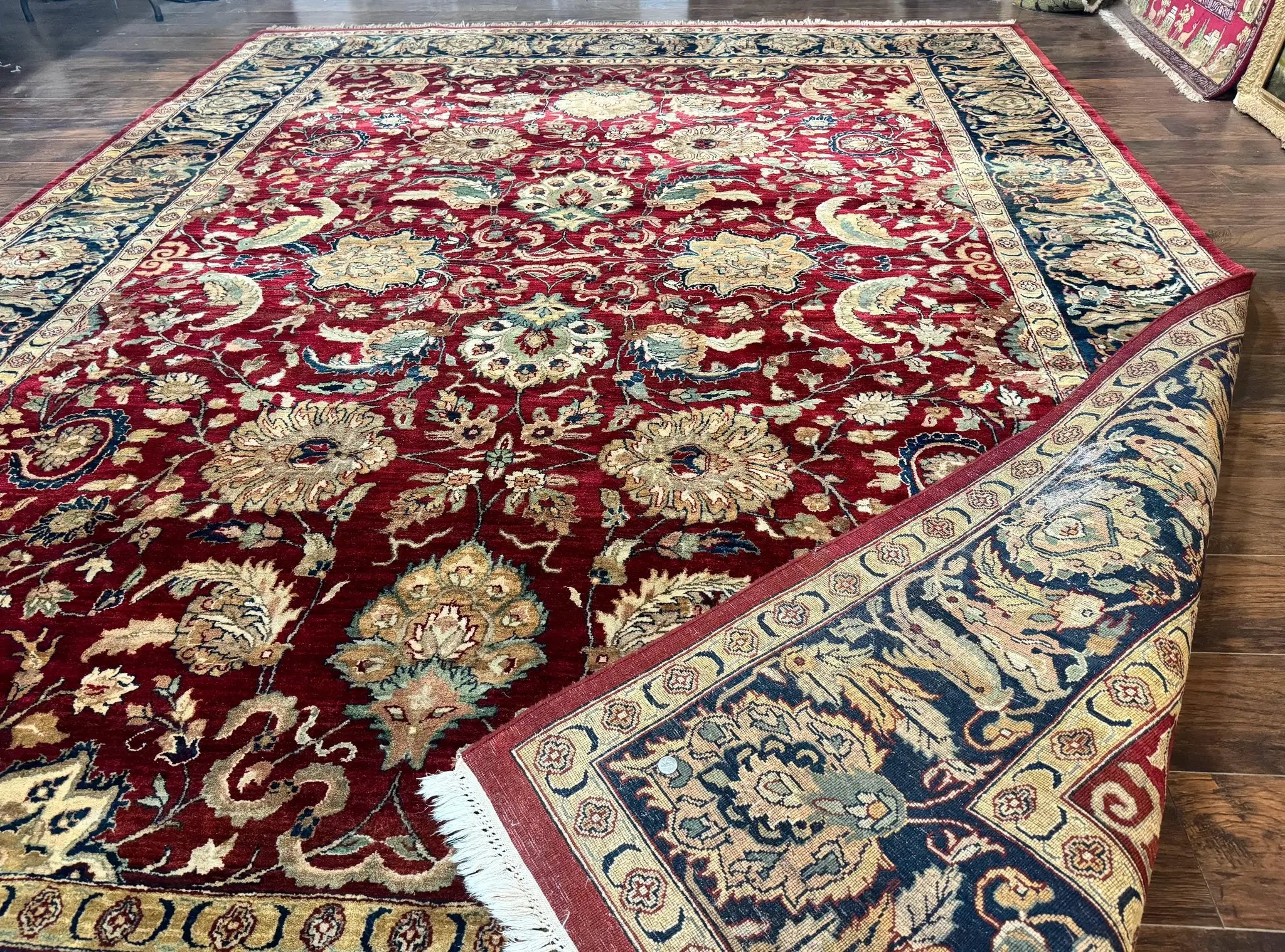 Indo Persian Rug 10x14, Indian Agra Carpet, Vintage Handmade Wool Large Traditional Rug, Dark Red Navy Blue Beige by Jewel Rugs