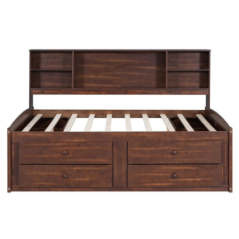Full Size Captain Bed With Built In Storage Shelves, 4 Drawers And 2 Cabinets - Antique Brown by HouseOfZazla
