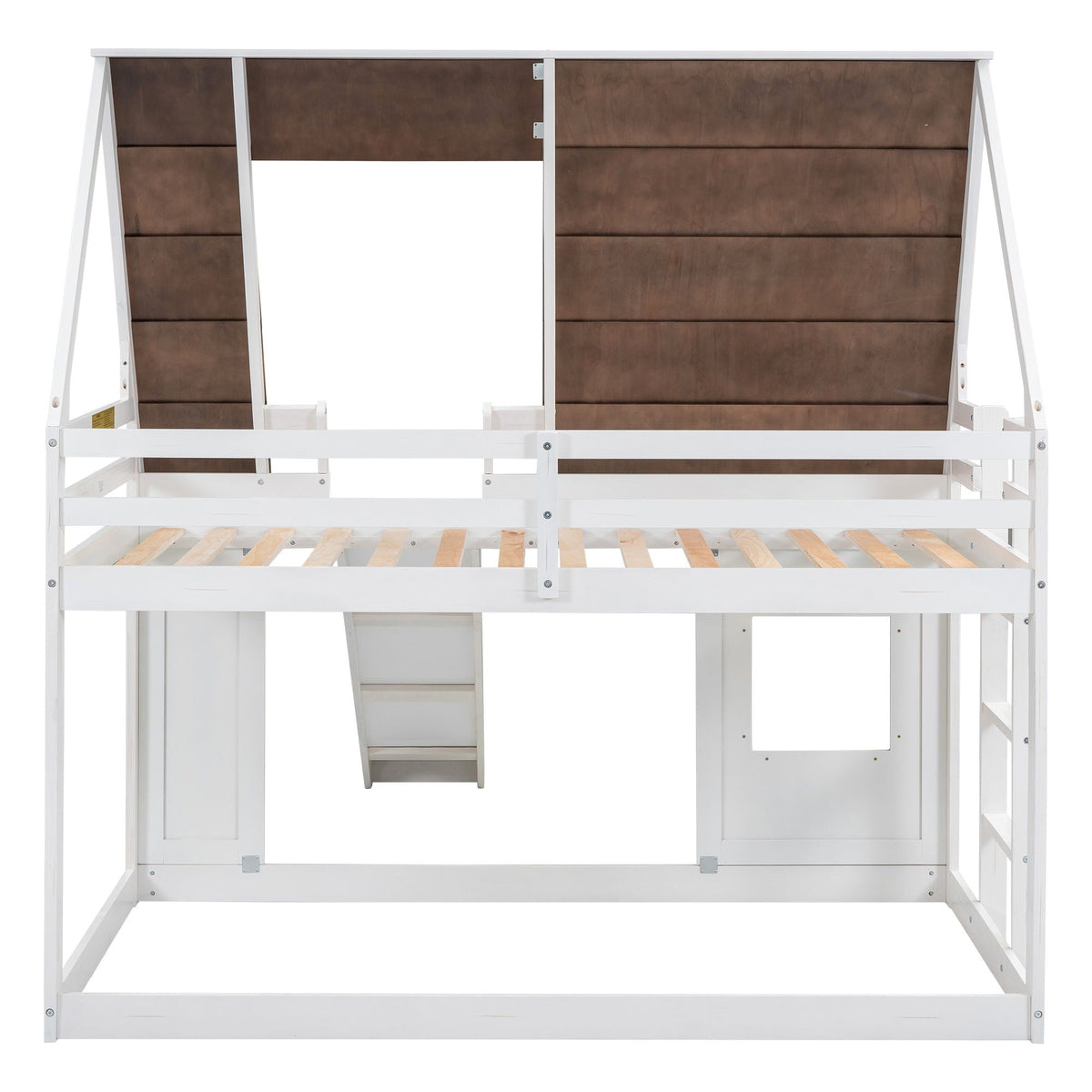 Wood Twin Size House Bunk Bed with Roof, Ladder and Slide - White / Brown, photo 5 of 11