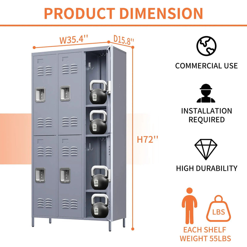 6 Door Lockers With Lock For Employees, Storage Cabinet For Home, Gym, Office, School, Garage - Gray by Unique Piece Furniture
