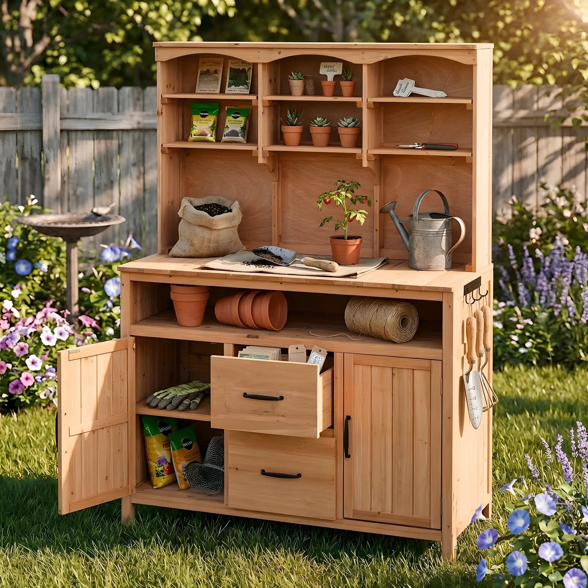 TOPMAX Large Fir Wood Potting Bench with Hutch, Cabinets & Drawers by HouseOfZazla