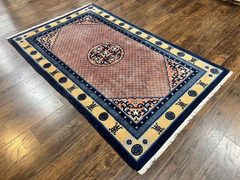 Chinese Peking Rug 5x8, Vintage Semi Antique Chinese Art Deco Carpet, Wool Pile Light Red/Salmon Gold Navy Blue, Handmade Asian Oriental Rug by Jewel Rugs