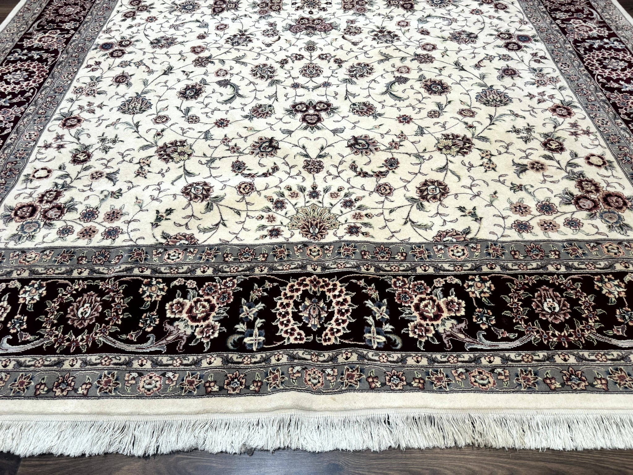 Sino Persian Rug 9x12, Floral Allover Design, 170 KPSI, Ivory and Dark Maroon by Jewel Rugs