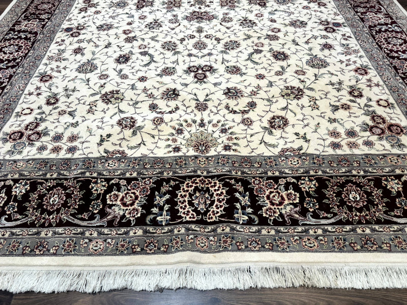 Sino Persian Rug 9x12, Floral Allover Design, 170 KPSI, Ivory and Dark Maroon by Jewel Rugs