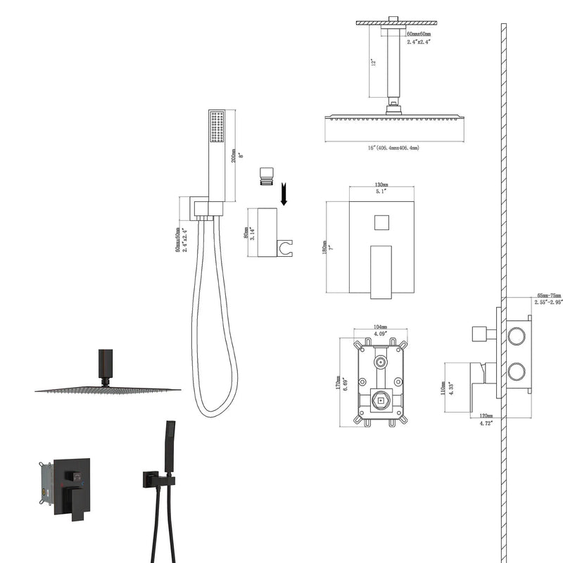 Dual Shower Head 16" Ceiling Mount Square Shower System With Rough In Valve