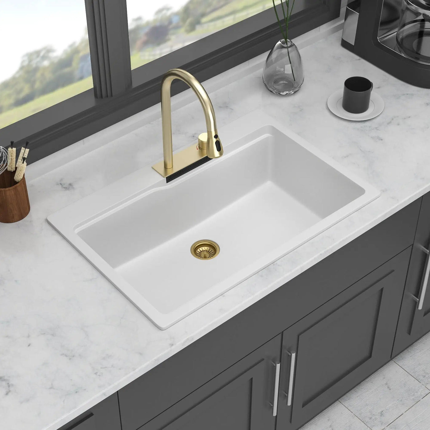 Waterfall Kitchen Sink With Pull Out Faucet & Cup Washer by HouseOfZazla