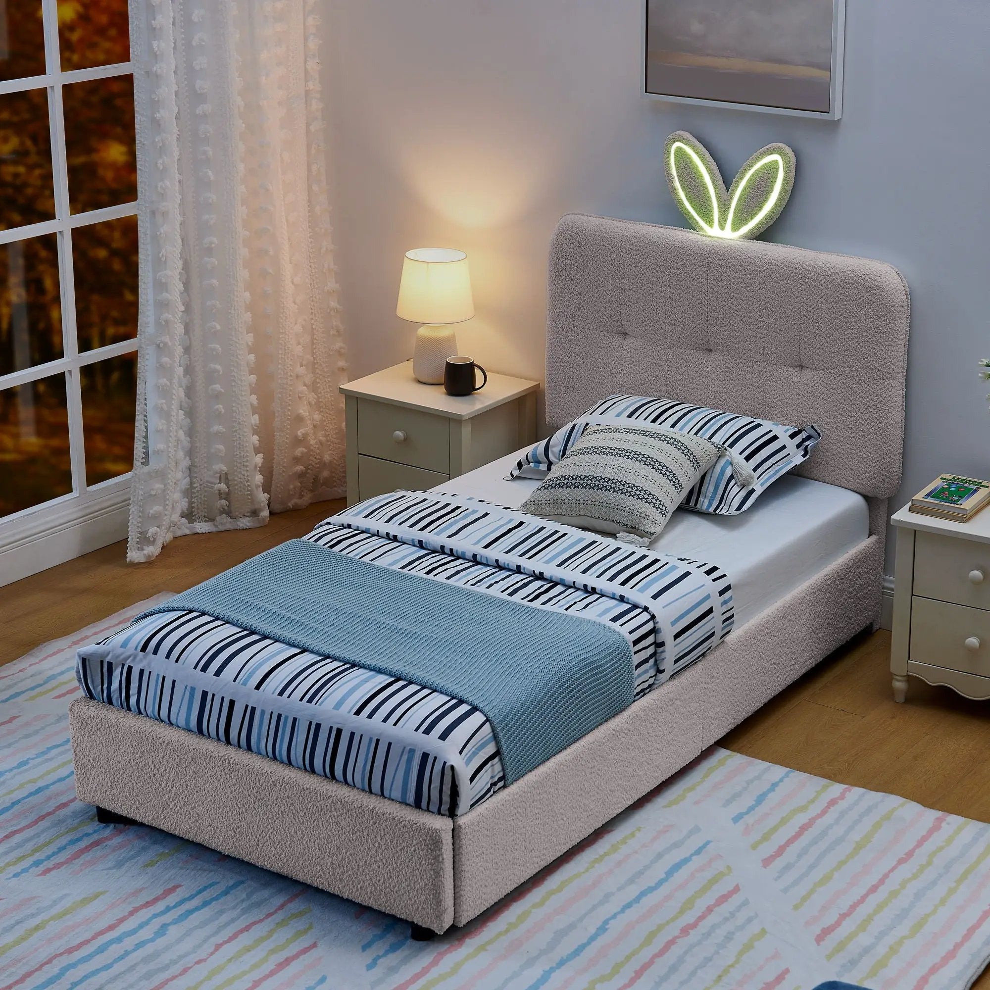 Upholstered Bed With Oversized Rabbit Ear Headboard, LED Lights & 4 Storage Drawers by Unique Piece Furniture