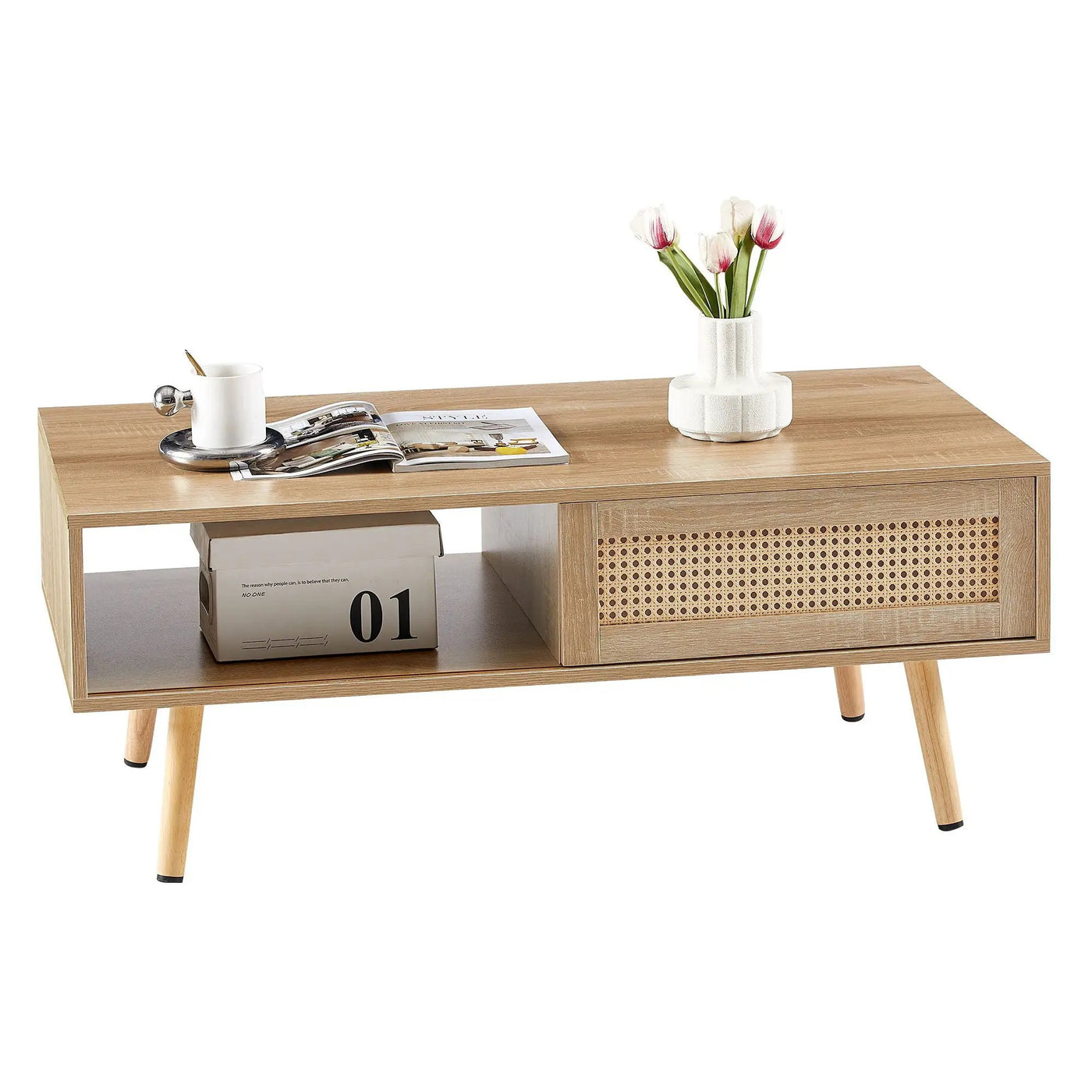 41.34" Rattan Coffee Table, Sliding Door For Storage, Solid Wood Legs, Modern Table For Living Room by Unique Piece Furniture