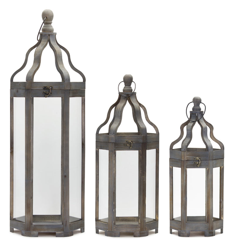 Grey wood floor lantern with curved top (set of 3)