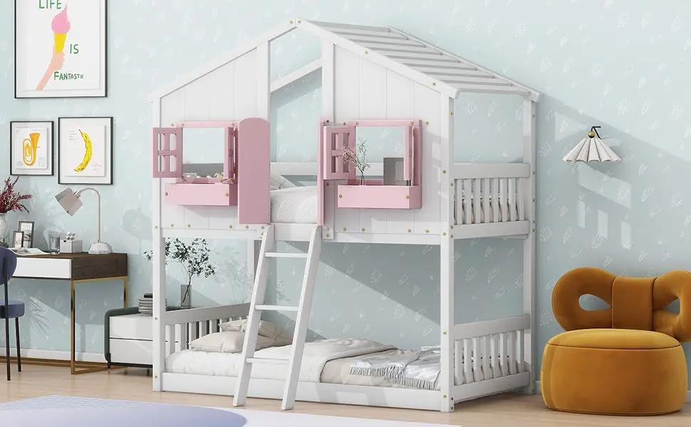 House Bunk Bed With Roof, Window, Window Box, Door, With Safety Guardrails And Ladder by HouseOfZazla