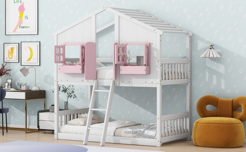 House Bunk Bed with Roof, Windows, and Safety Guardrails – Twin Over Twin, photo 24 of 40
