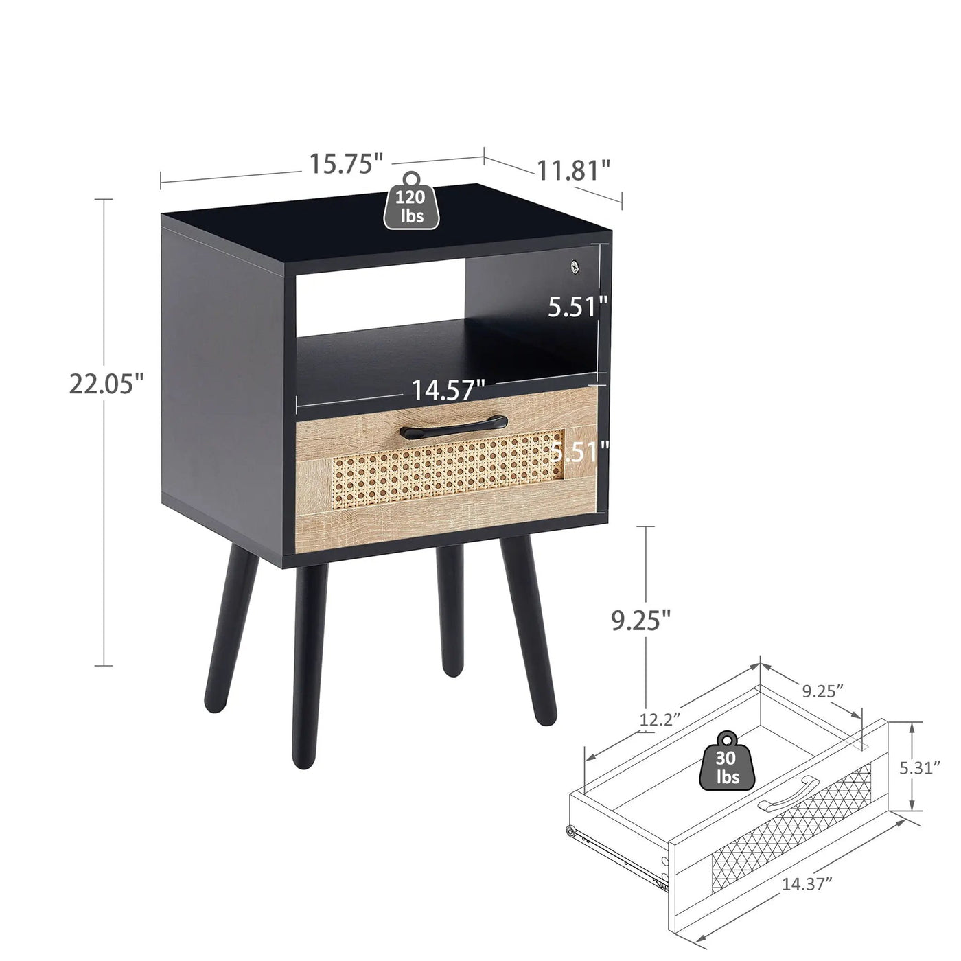 15.75" Rattan End Table With Drawer And Solid Wood Legs, Modern Nightstand, Side Table For Living Room, Bedroom by HouseOfZazla