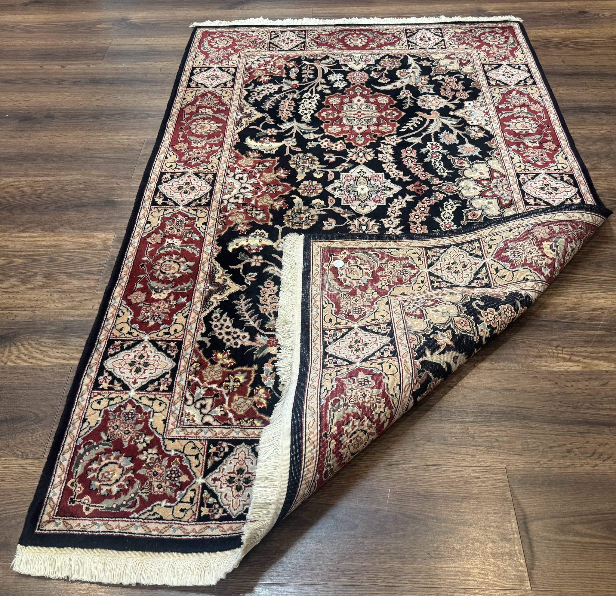 Pak Persian Rug 4x6, Black and Burgundy, Floral Allover, Wool and Silk by Jewel Rugs