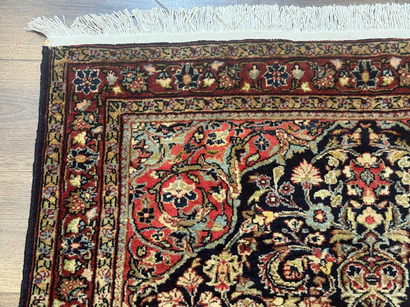 Antique Persian Sarouk Rug 4x5, Dark Blue and Red, Floral Medallion, Fine by Jewel Rugs
