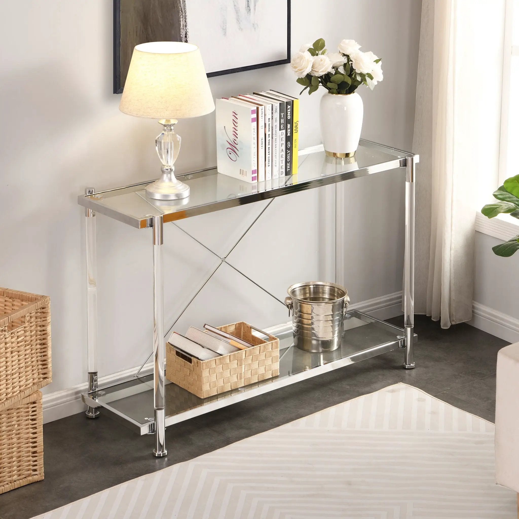Chrome Glass Sofa Table, Acrylic Side Table, Console Table For Living Room & Bedroom - Chrome by HouseOfZazla