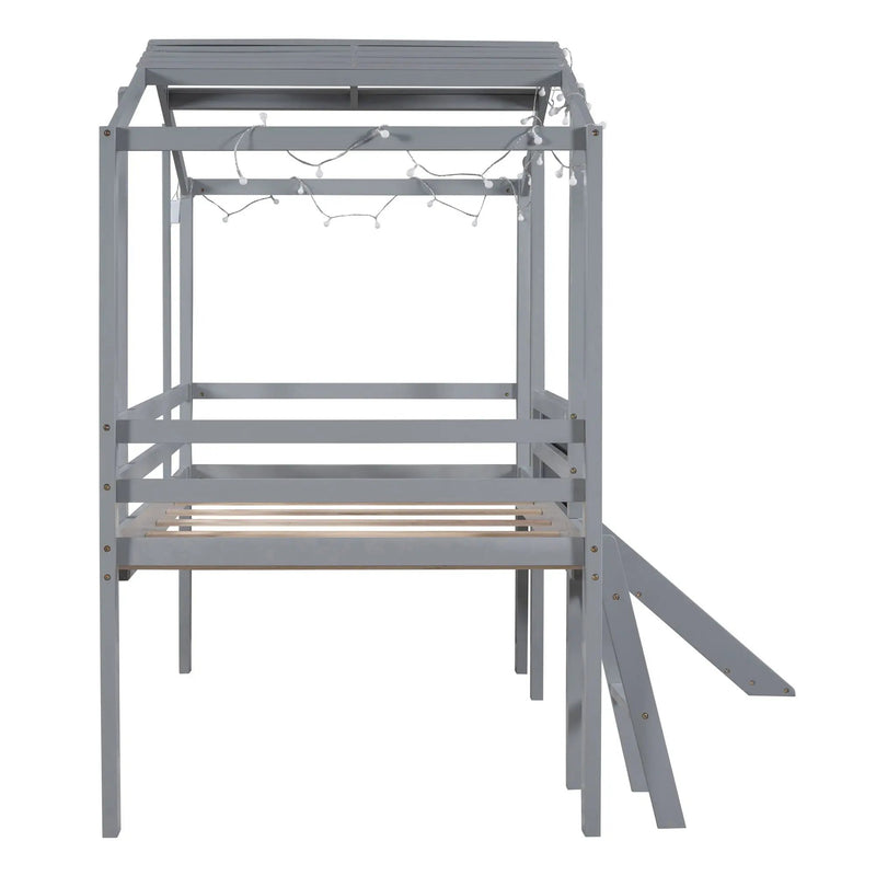 Loft House Bed With Ladder And Slide, With board And Light Strip On The Roof by HouseOfZazla