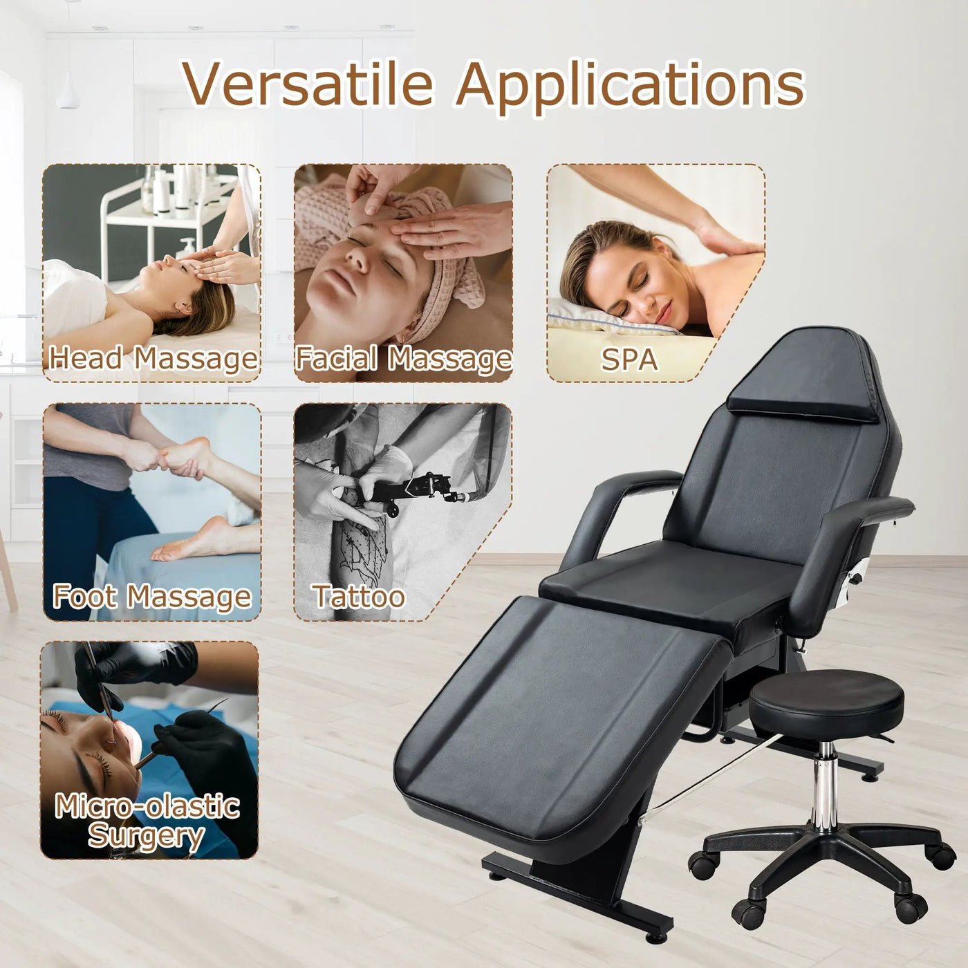 Massage Salon Tattoo Chair With Two Trays Esthetician Bed With Hydraulic Stool, Multi-Purpose 3-Section Facial Bed Table, Adjustable Beauty Barber Spa Beauty Equipment by HouseOfZazla