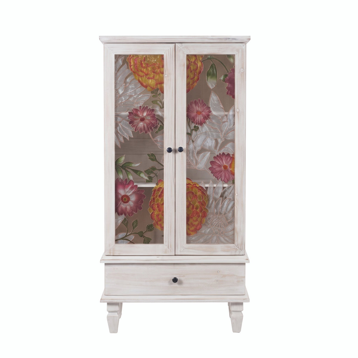 French Country Accent Cabinet with 2 Glass Doors and Drawers - White Antique, photo 10 of 10