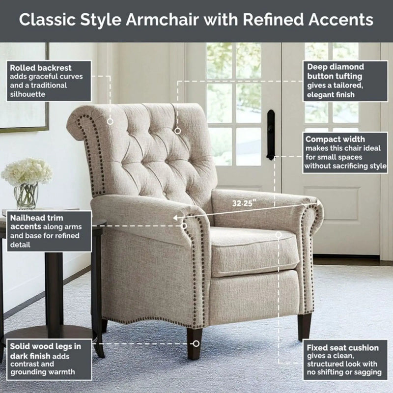 Aidan - Push Back Recliner Chair With Tufted Back And Nailhead Trim - Cream by HouseOfZazla