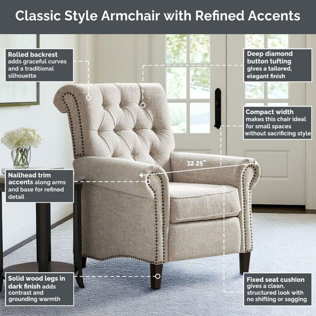 Cream Push Back Recliner Chair with Tufted Back and Nailhead Trim, photo 7 of 15