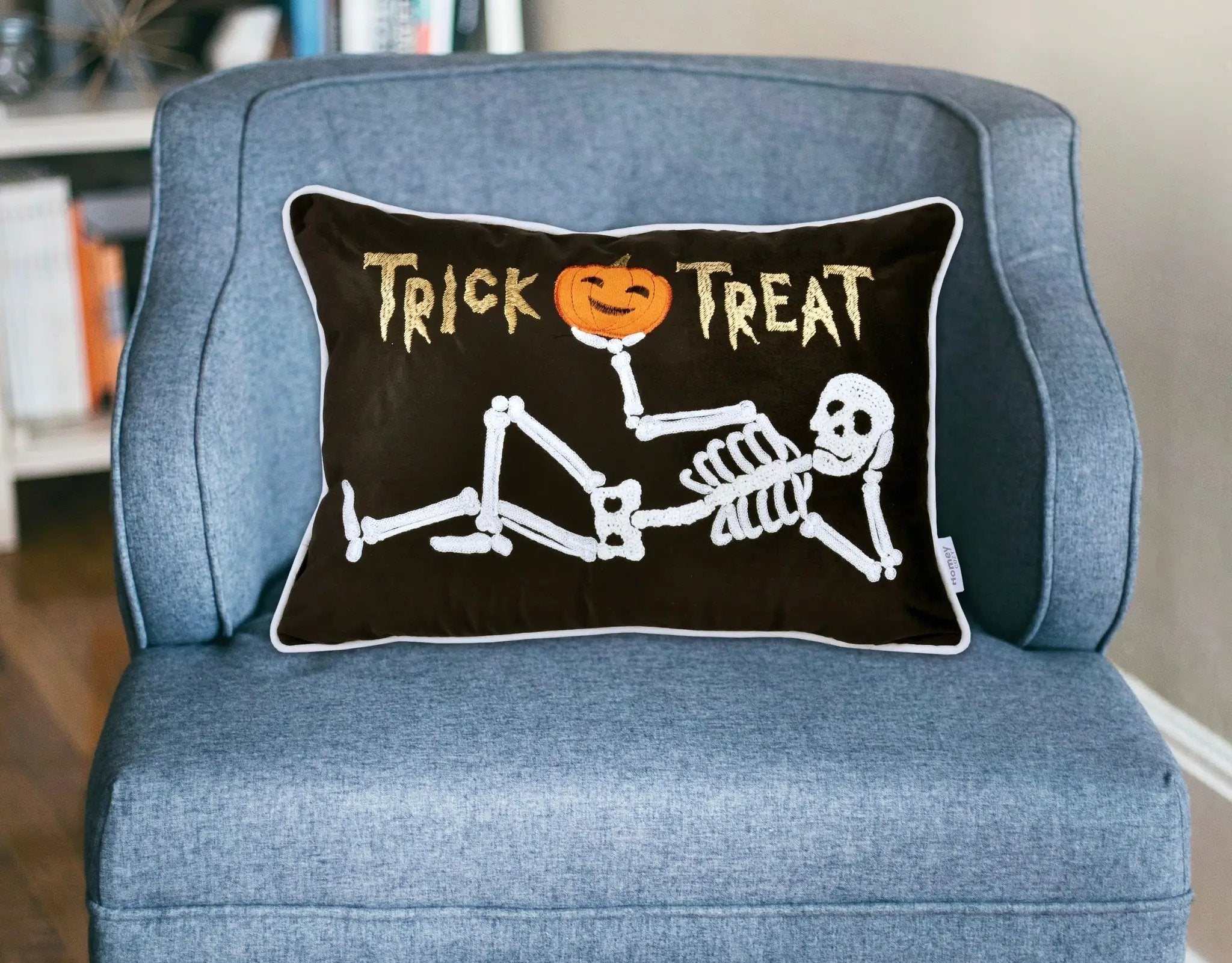 Embroidered Velvet Halloween Skeleton Lumbar Pillow by HouseOfZazla