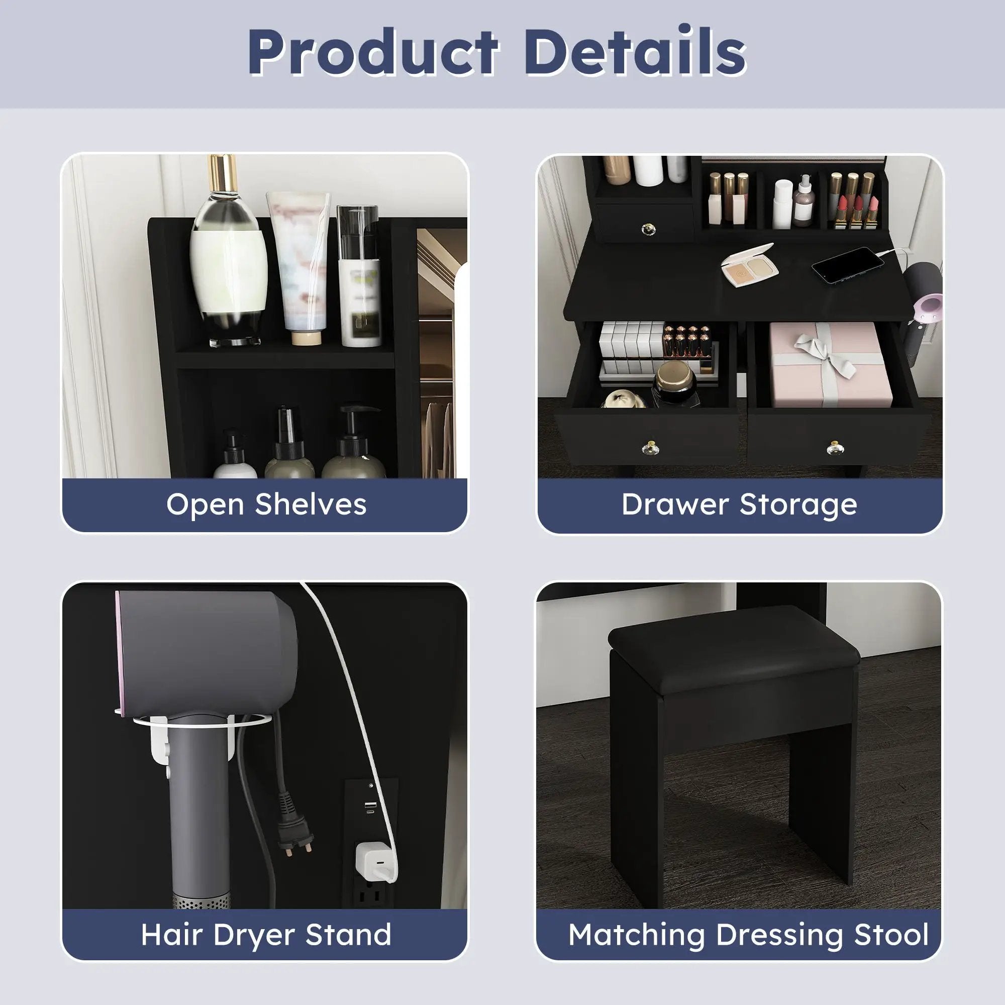 Modern Small Vanity Desk With 3 LED Lighting Modes, 3 Drawers by Unique Piece Furniture
