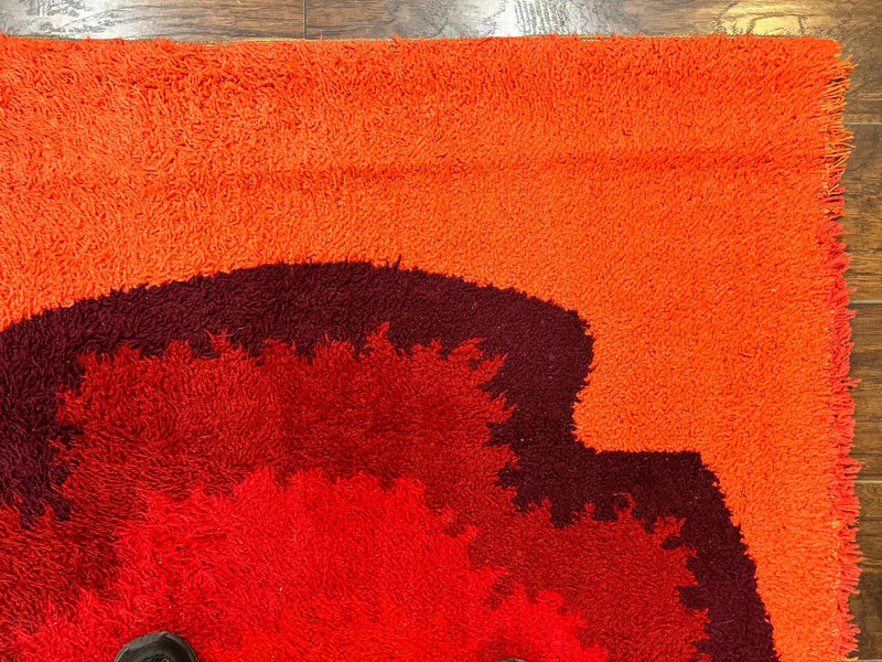 Danish Rya Shag Rug 4x6, Mid Century 1960s Retro Vintage Wool Rug, Shades of Red by Jewel Rugs