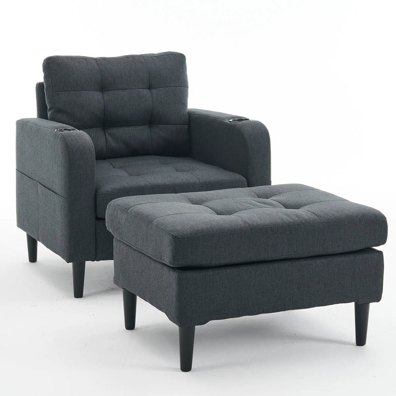 Upholstered Armchair And Storage Ottoman Set, Comfortable Single Sofa With Cup Holders And Tufted Detailing, Ideal For Living Room Or Bedroom by HouseOfZazla