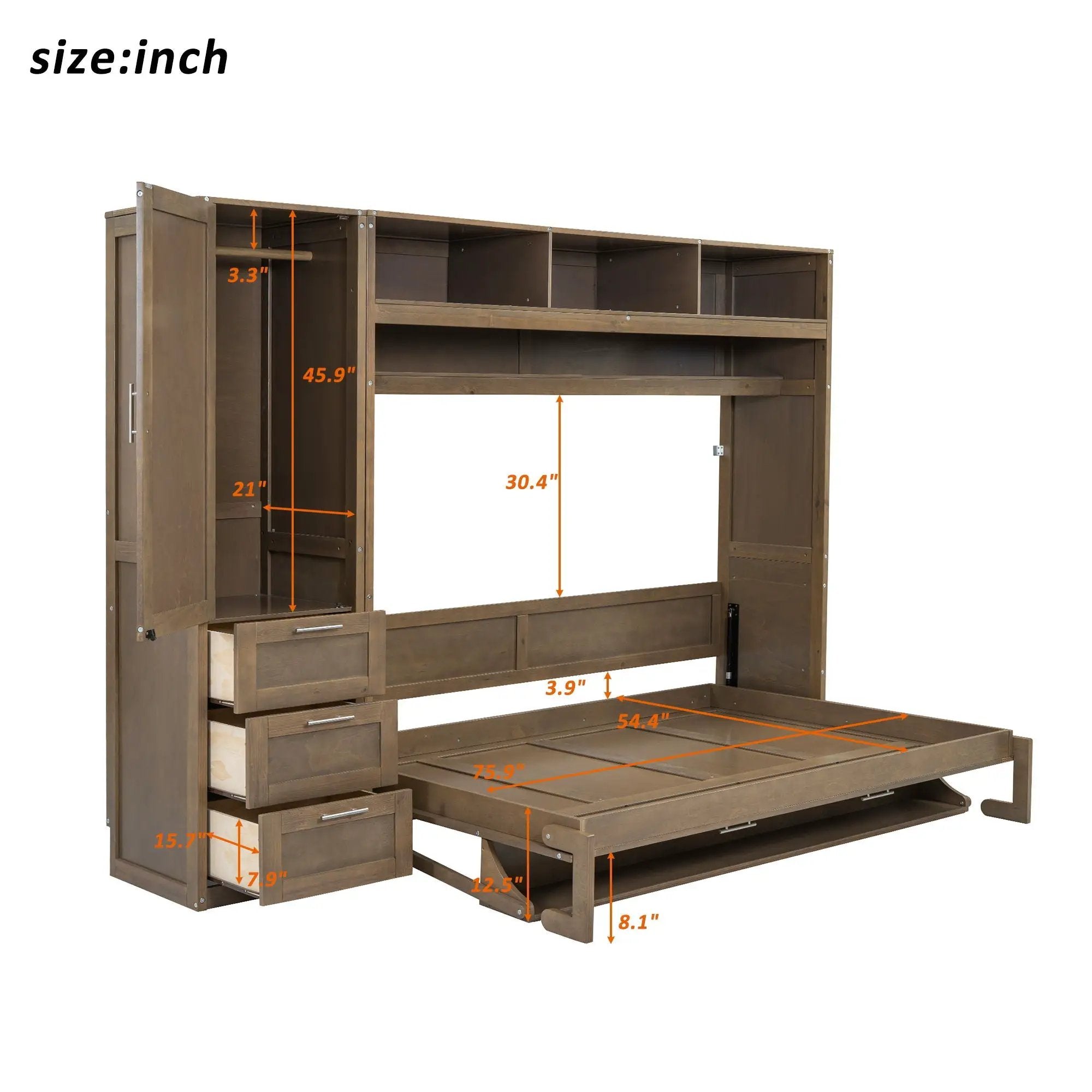 Full Size Murphy Bed With Wardrobe, Drawers, And Open Shelves - Wood by Unique Piece Furniture