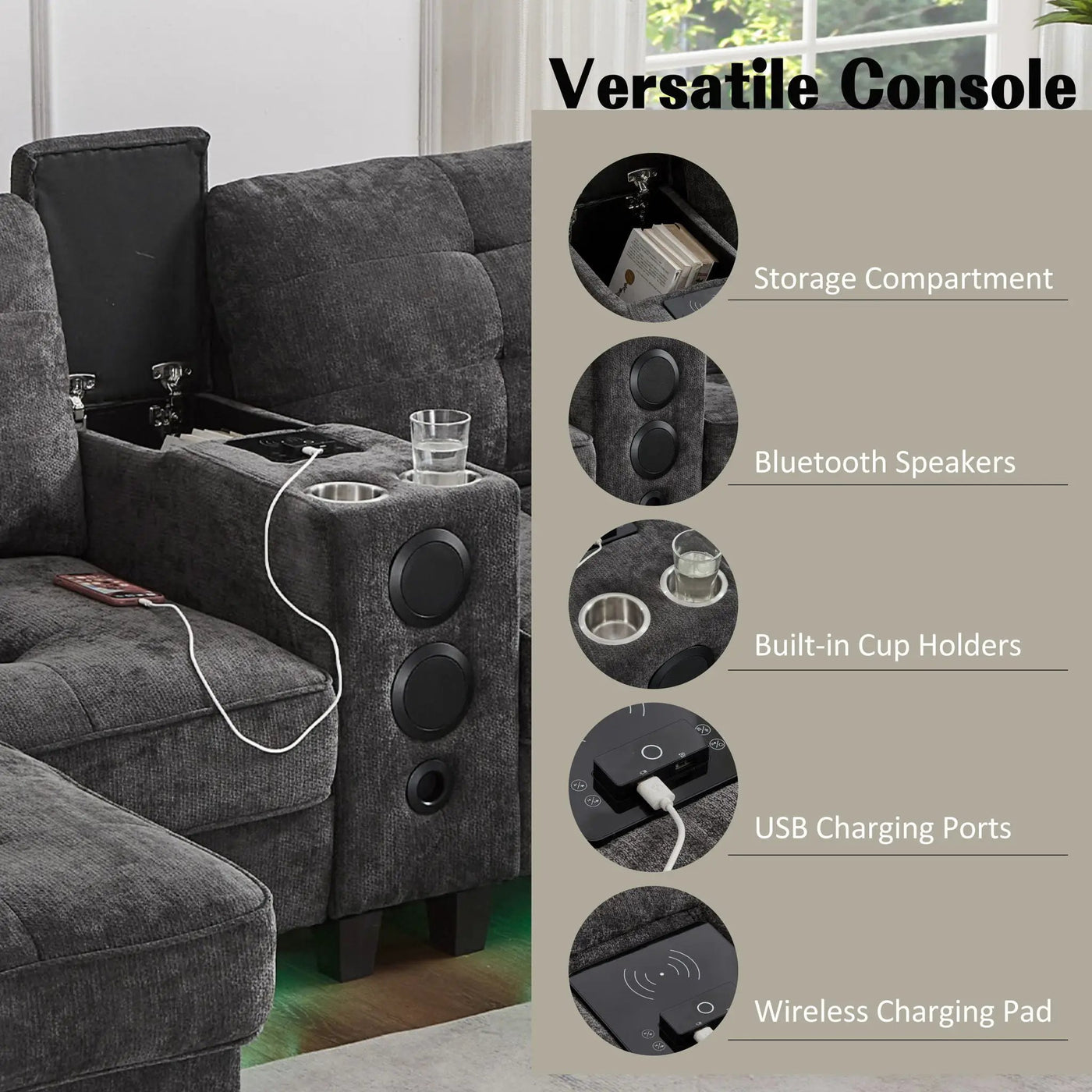 Modern Sectional Sofa U-Shaped With Movable Ottomans, tooth Speakers, LED Lights And Modular Storage by Unique Piece Furniture