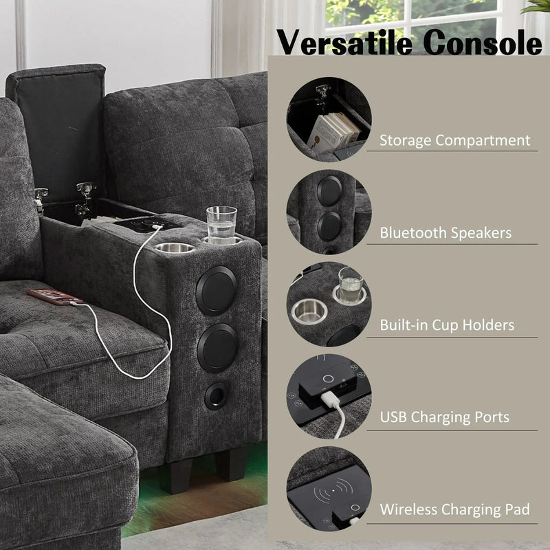 Modern Sectional Sofa U-Shaped With Movable Ottomans, tooth Speakers, LED Lights And Modular Storage by Unique Piece Furniture